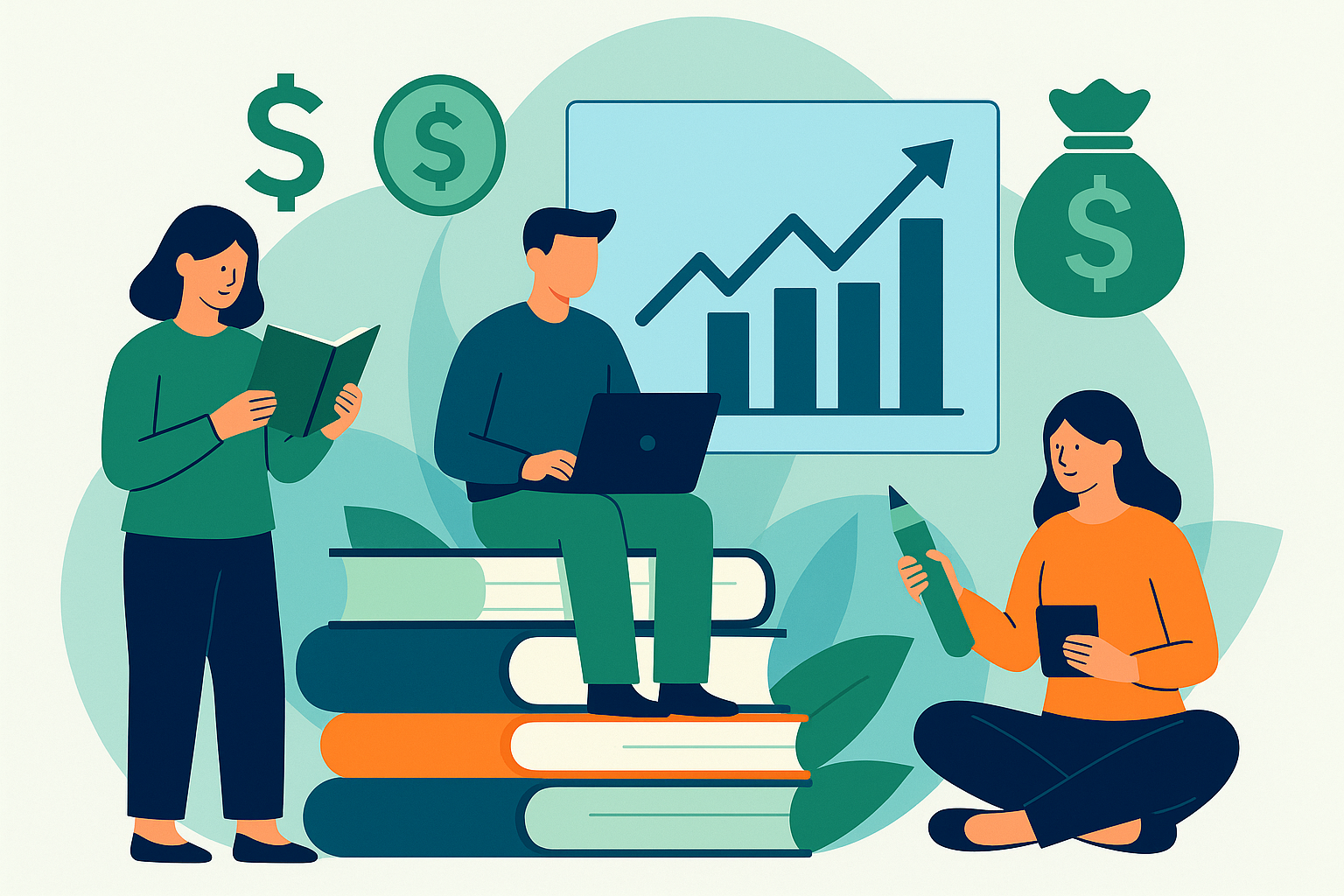 Ilustración de personas aprendiendo sobre finanzas